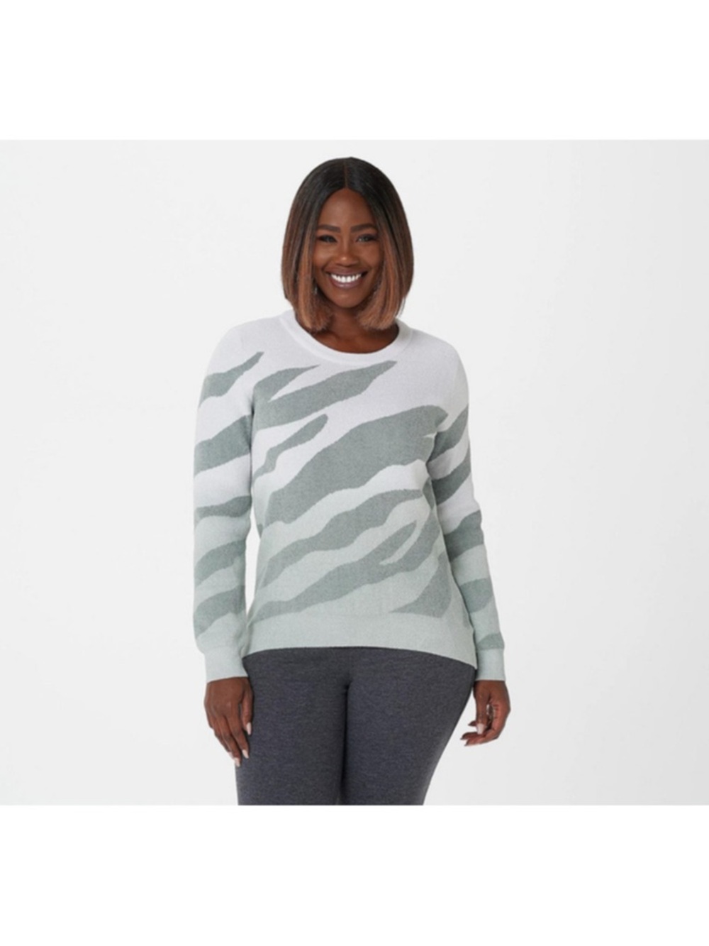 Barefoot Dreams | Brown and White Wave-Pattern Crewneck Sweater | Size Small
